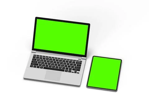 Render of laptop and tablet with green screen on a light background Illustrazione stock