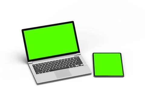 Render of laptop and tablet with green screen on a light background Stock Illustration