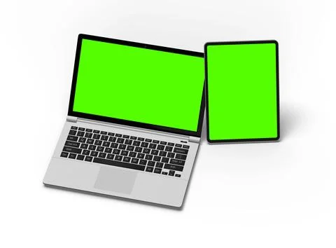 Render of laptop and tablet with green screen on a light background Stock Illustration