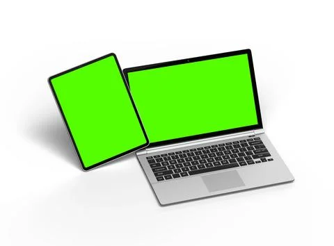 Render of laptop and tablet with green screen on a light background Stock Illustration