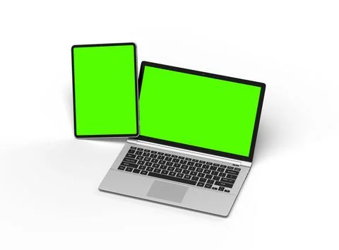 Render of laptop and tablet with green screen on a light background Illustrazione stock