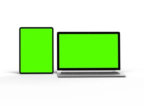 Render of laptop and tablet with green screen on a light background Stock Illustration