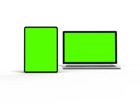 Render of laptop and tablet with green screen on a light background Stock Illustration