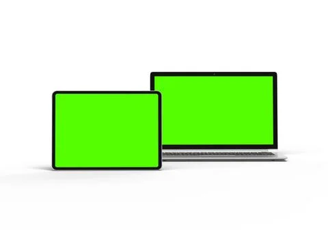 Render of laptop and tablet with green screen on a light background Stock Illustration