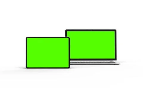 Render of laptop and tablet with green screen on a light background Stock Illustration
