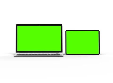 Render of laptop and tablet with green screen on a light background Stock Illustration