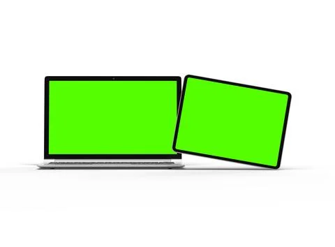 Render of laptop and tablet with green screen on a light background Stock Illustration