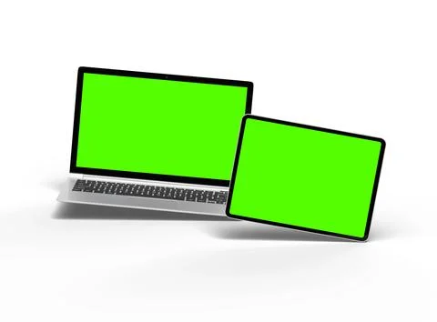 Render of laptop and tablet with green screen on a light background Stock Illustration
