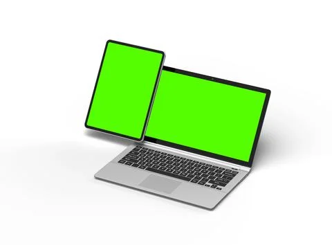 Render of laptop and tablet with green screen on a light background Stock-Illustration