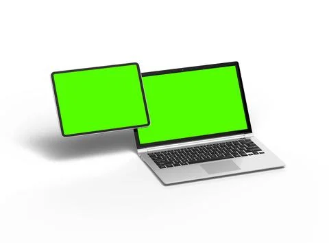 Render of laptop and tablet with green screen on a light background Illustrazione stock