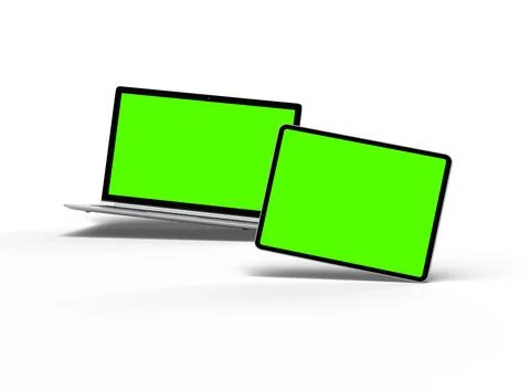 Render of laptop and tablet with green screen on a light background Stock Illustration