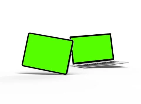 Render of laptop and tablet with green screen on a light background Stock Illustration