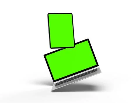Render of laptop and tablet with green screen on a light background Stock Illustration