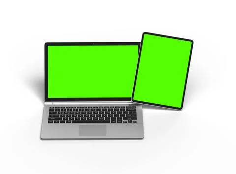 Render of laptop and tablet with green screen on a light background Illustrazione stock