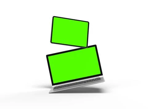 Render of laptop and tablet with green screen on a light background Stock Illustration