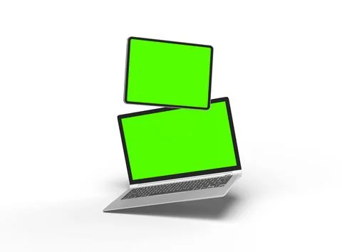 Render of laptop and tablet with green screen on a light background Illustrazione stock