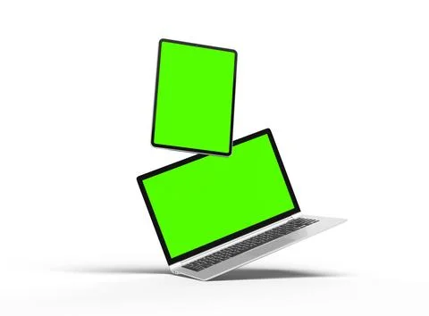 Render of laptop and tablet with green screen on a light background Stock Illustration