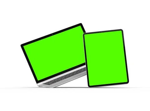 Render of laptop and tablet with green screen on a light background Illustrazione stock