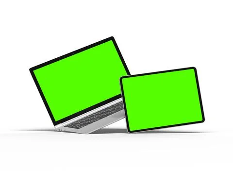 Render of laptop and tablet with green screen on a light background Stock Illustration