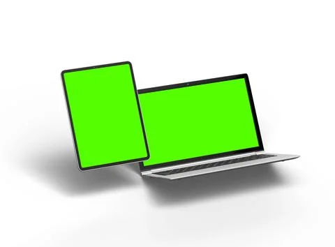 Render of laptop and tablet with green screen on a light background Stock Illustration