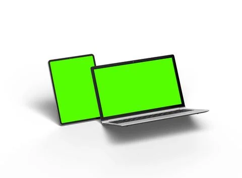 Render of laptop and tablet with green screen on a light background Stock Illustration