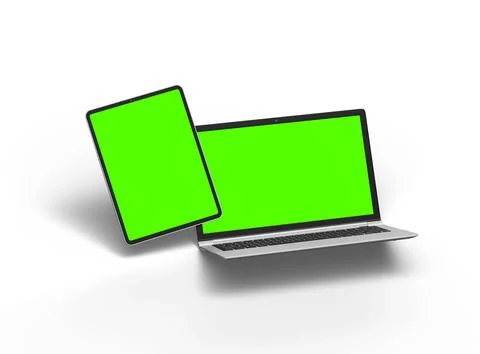 Render of laptop and tablet with green screen on a light background Stock Illustration