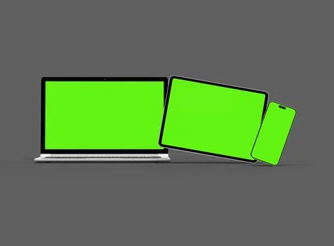 Render of laptop, tablet and smartphone with green screen on a grey background Stock Illustration