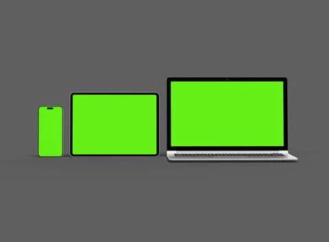 Render of laptop, tablet and smartphone with green screen on a grey background Stock Illustration