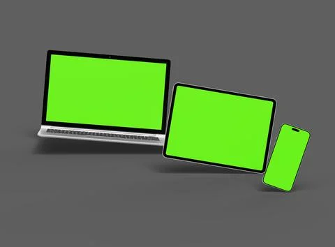 Render of laptop, tablet and smartphone with green screen on a grey background Stock Illustration