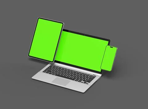 Render of laptop, tablet and smartphone with green screen on a grey background Stock Illustration