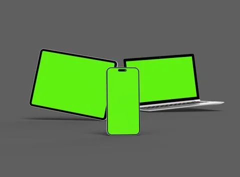 Render of laptop, tablet and smartphone with green screen on a grey background Stock Illustration