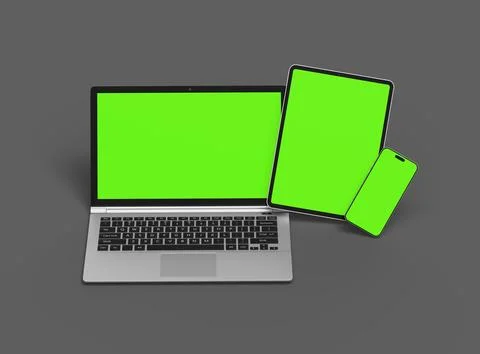 Render of laptop, tablet and smartphone with green screen on a grey background Stock Illustration