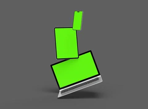 Render of laptop, tablet and smartphone with green screen on a grey background Stock Illustration