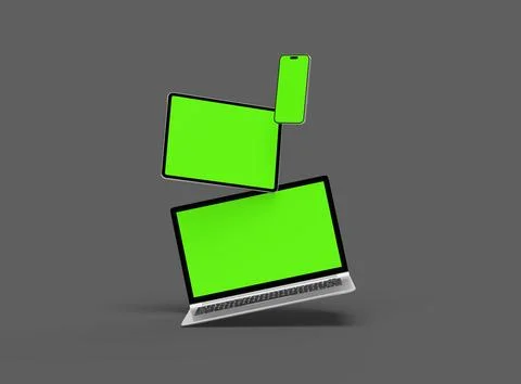 Render of laptop, tablet and smartphone with green screen on a grey background Stock Illustration