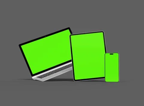 Render of laptop, tablet and smartphone with green screen on a grey background Stock Illustration