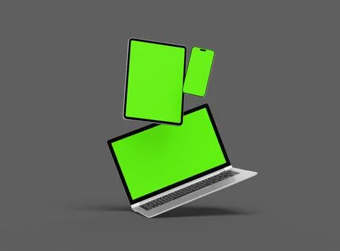 Render of laptop, tablet and smartphone with green screen on a grey background Stock Illustration