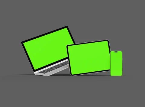 Render of laptop, tablet and smartphone with green screen on a grey background Stock Illustration