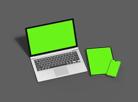 Render of laptop, tablet and smartphone with green screen on a grey background Stock Illustration