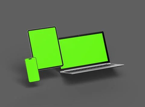 Render of laptop, tablet and smartphone with green screen on a grey background Stock Illustration
