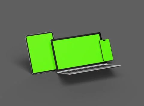 Render of laptop, tablet and smartphone with green screen on a grey background Stock Illustration