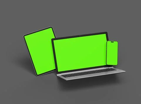 Render of laptop, tablet and smartphone with green screen on a grey background Stock Illustration
