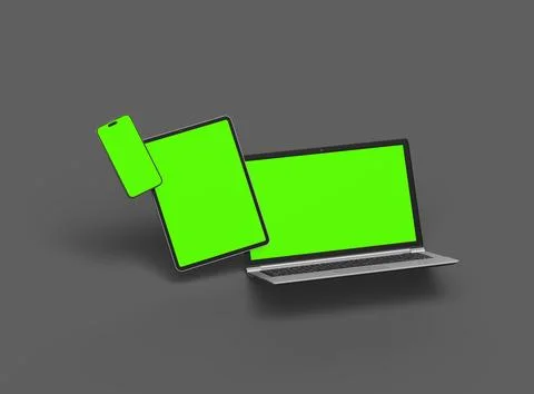 Render of laptop, tablet and smartphone with green screen on a grey background Stock Illustration