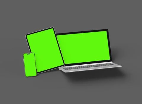 Render of laptop, tablet and smartphone with green screen on a grey background Stock Illustration
