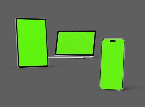 Render of laptop, tablet and smartphone with green screen on a grey background Illustrazione stock