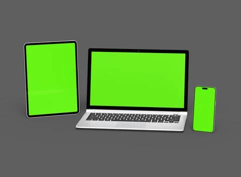 Render of laptop, tablet and smartphone with green screen on a grey background Stock Illustration