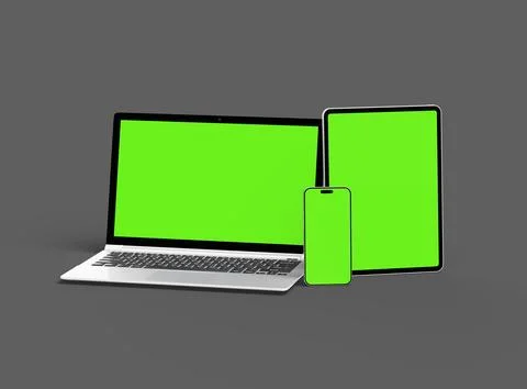 Render of laptop, tablet and smartphone with green screen on a grey background Stock Illustration
