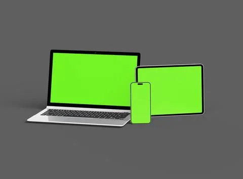 Render of laptop, tablet and smartphone with green screen on a grey background Stock Illustration