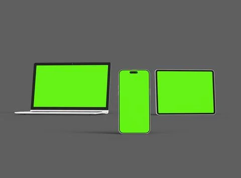 Render of laptop, tablet and smartphone with green screen on a grey background Stock Illustration