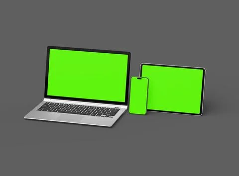 Render of laptop, tablet and smartphone with green screen on a grey background Stock Illustration
