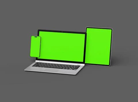 Render of laptop, tablet and smartphone with green screen on a grey background Stock Illustration